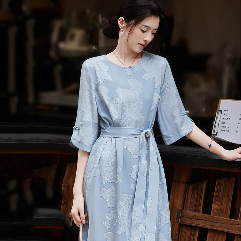 【dme】 Long Sleeved Dress Women's Aqua Blue-1