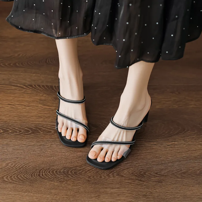 【dme】 Rhinestone Abrasion Resistant Slide Slippers Women's Black-4