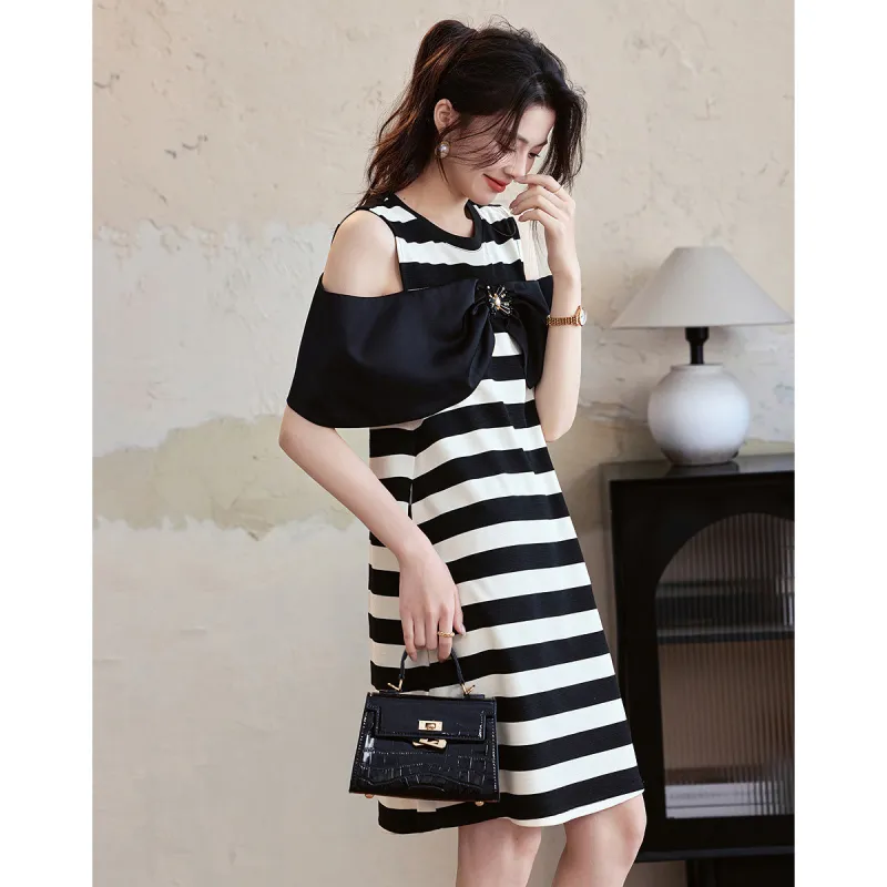 Dme Sleeveless Dresses Women's Black White Stripes-1