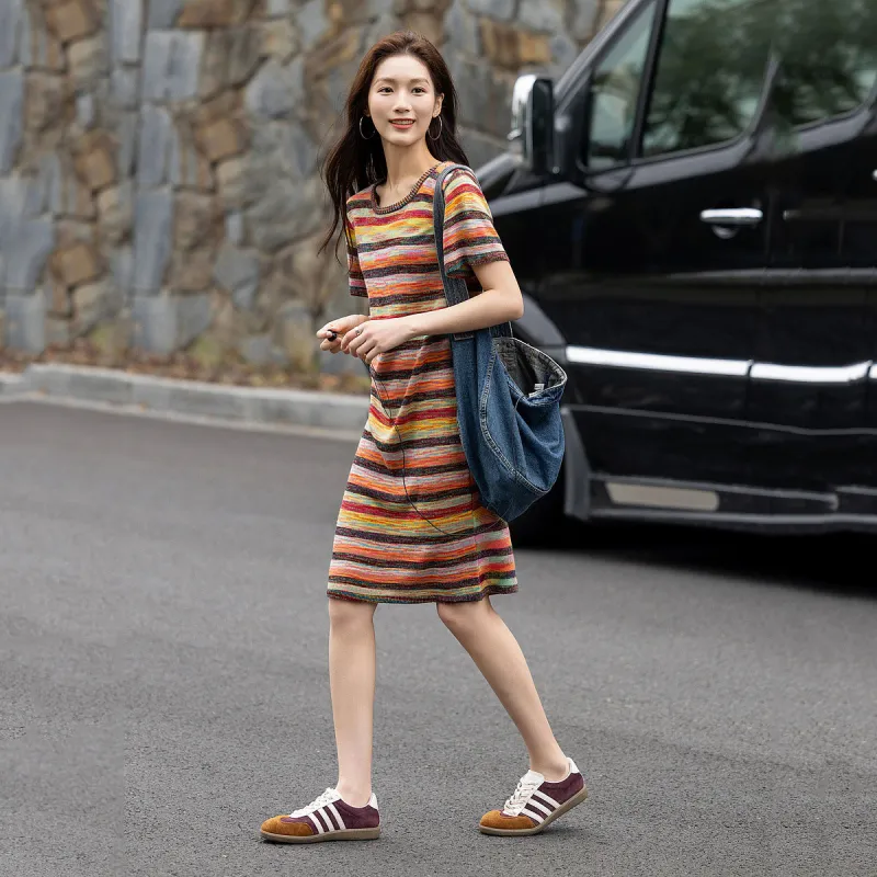 【dme】 Short Sleeved Dress Women's Orange Red-1