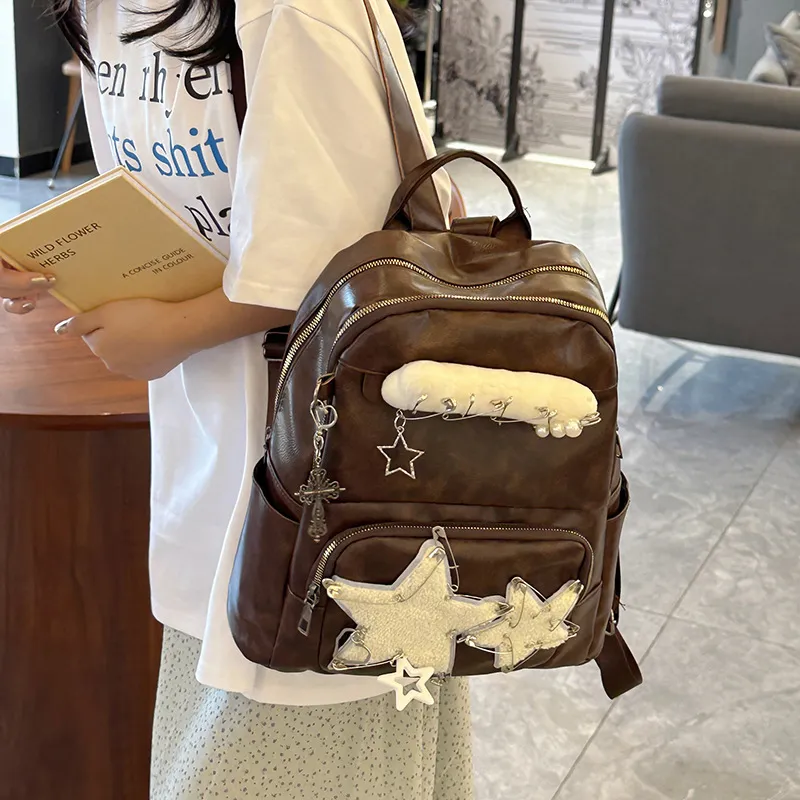 MINLUBAOLUO PU Backpack Women's Brown-4