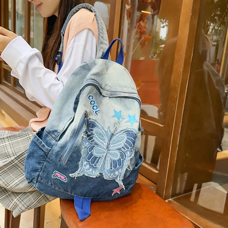 MINLUBAOLUO Denim Ins Effortless Style Hot Girl Backpack-3