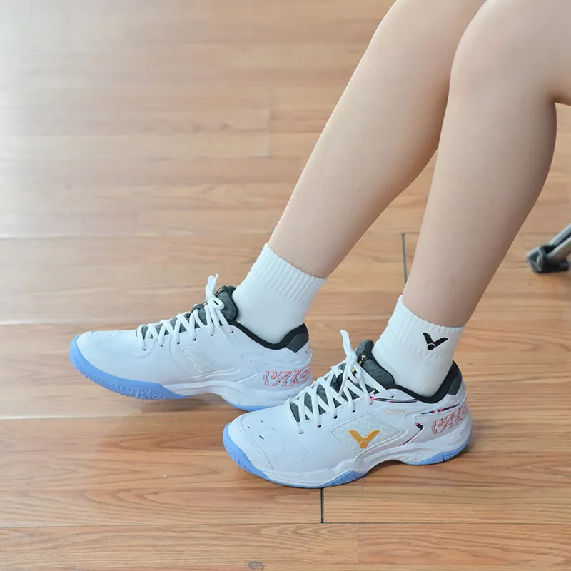 VICTOR Cushioned Slip Resistant Abrasion Resistant Low Top Badminton Shoes Unisex White Blue-2