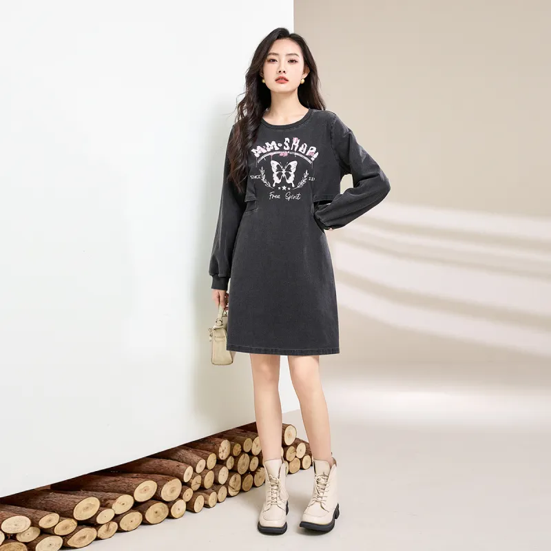 SMEN Long Sleeved Dresses Women's Gray-4