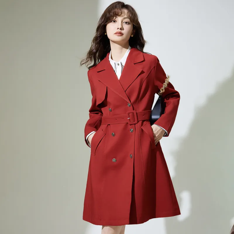 SMEN Trench Coats Women's Red-6