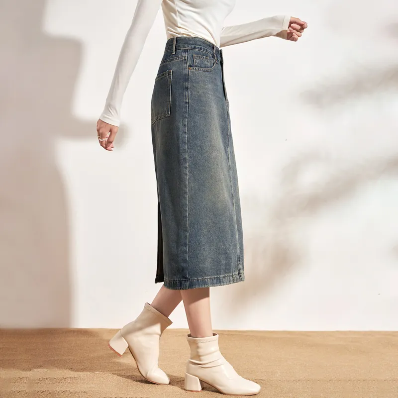 SMEN Denim Long Skirts Women's Blue-7