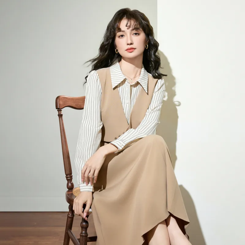 SMEN Long Sleeved Dresses Women's Khaki-8