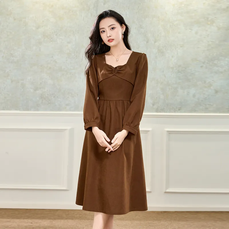 SMEN Long Sleeved Dresses Women's Coffee-5
