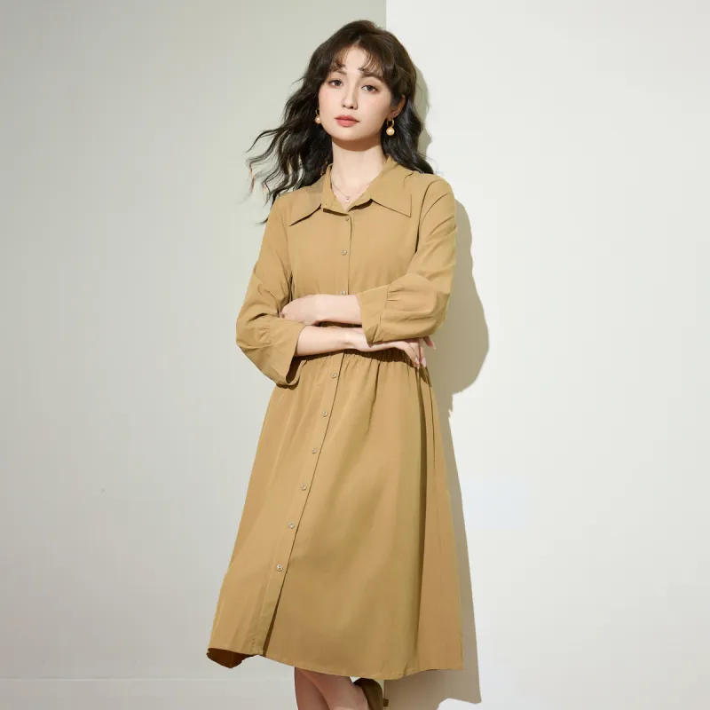 SMEN Long Sleeved Dresses Women's Khaki-5