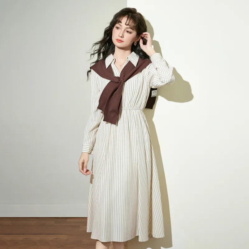 SMEN Long Sleeved Dresses Women's Stripes-5