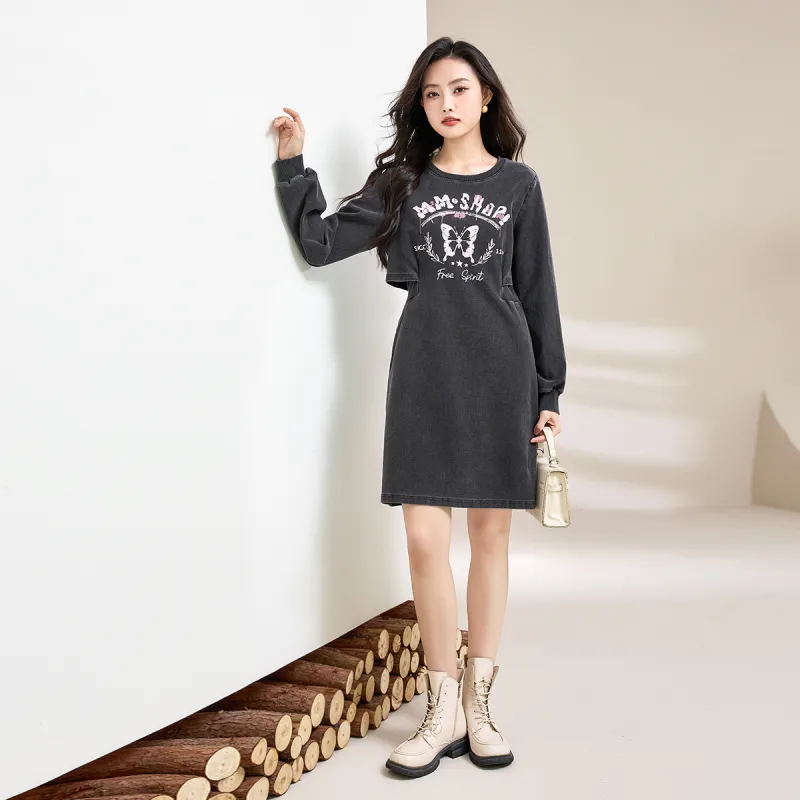 SMEN Long Sleeved Dresses Women's Gray-5