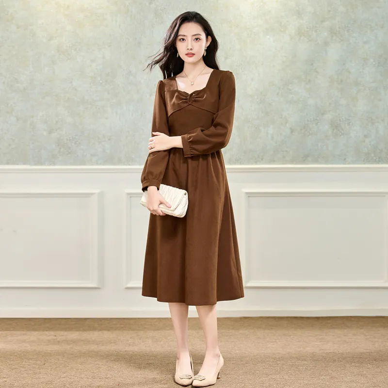 SMEN Long Sleeved Dresses Women's Coffee-6