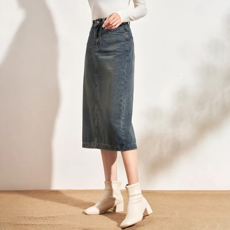SMEN Denim Long Skirts Women's Blue-4