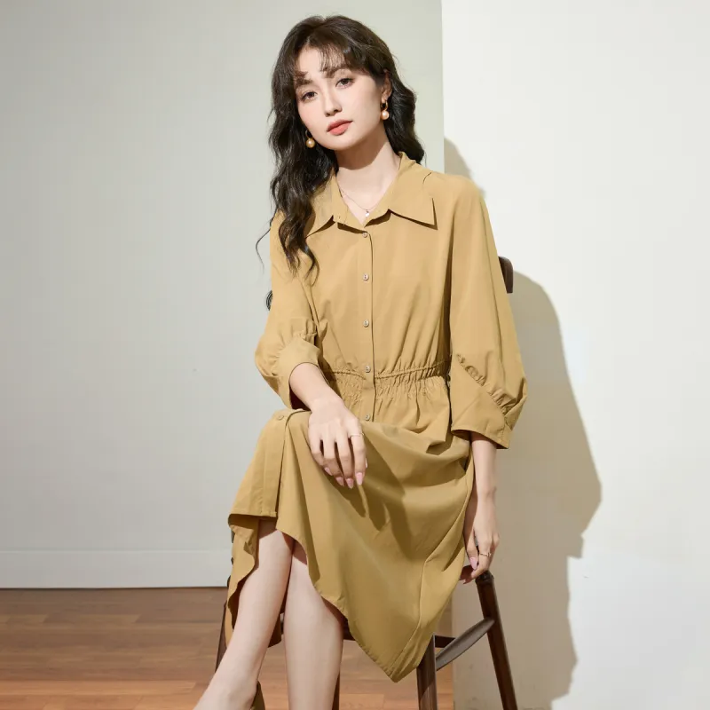 SMEN Long Sleeved Dresses Women's Khaki-6