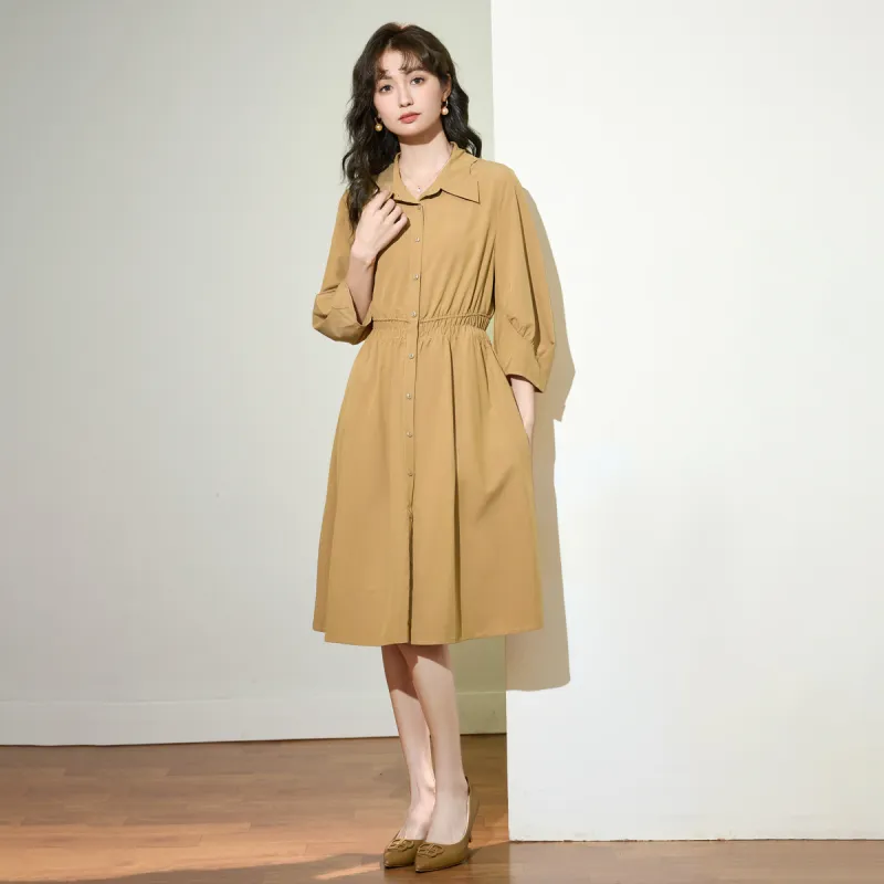 SMEN Long Sleeved Dresses Women's Khaki-3