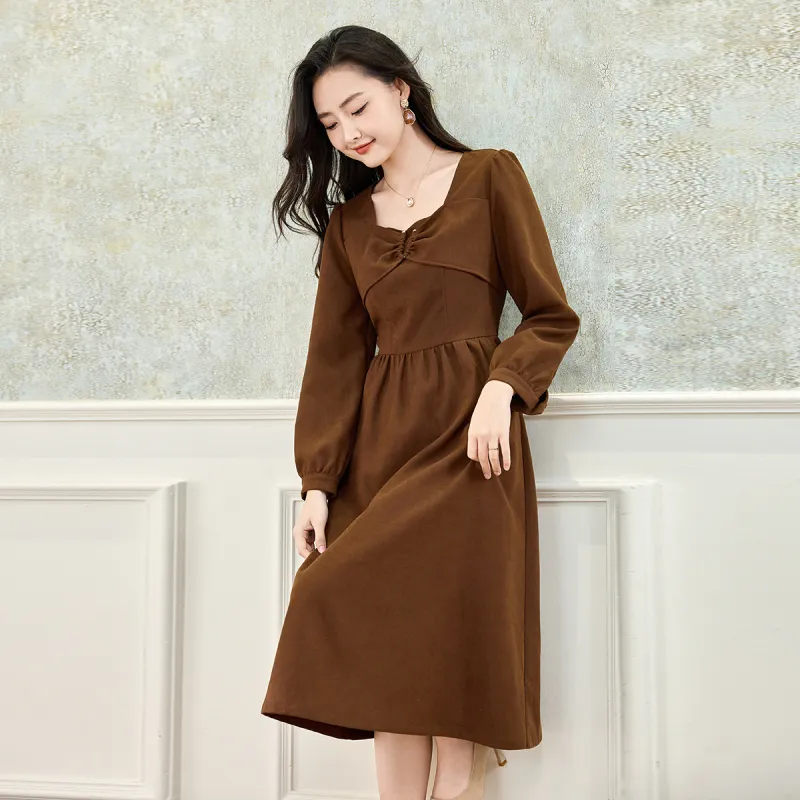 SMEN Long Sleeved Dresses Women's Coffee-4