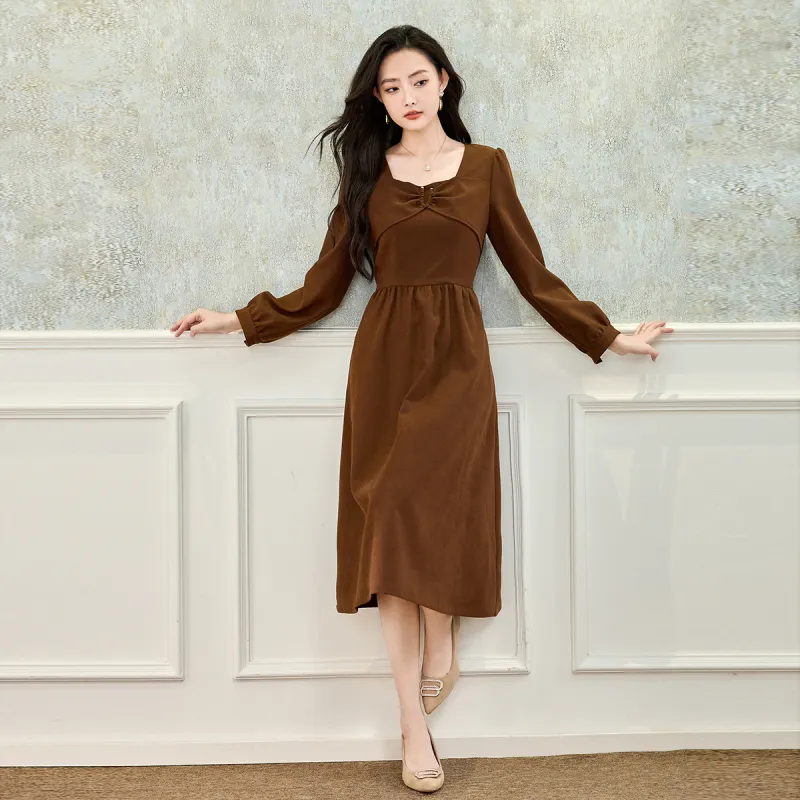 SMEN Long Sleeved Dresses Women's Coffee-2