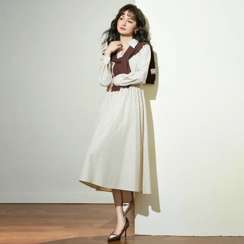 SMEN Long Sleeved Dresses Women's Stripes-7