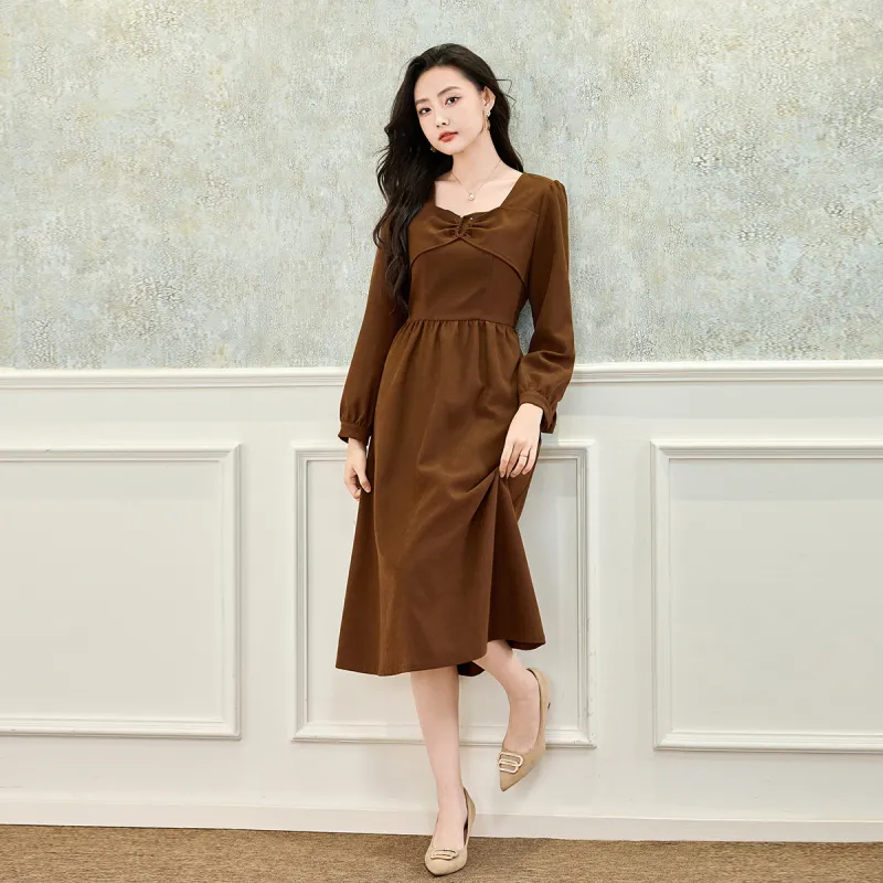 SMEN Long Sleeved Dresses Women's Coffee-3