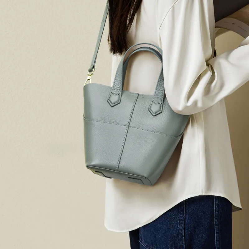 RED DRAGONFLY Cow Leather Bucket Bag, Shoulder Bag, Crossbody Bag, Handbag Regular Women's Khaki, Light Green-10