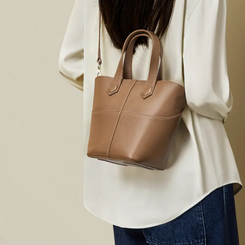 RED DRAGONFLY Cow Leather Bucket Bag, Shoulder Bag, Crossbody Bag, Handbag Regular Women's Khaki, Light Green-4