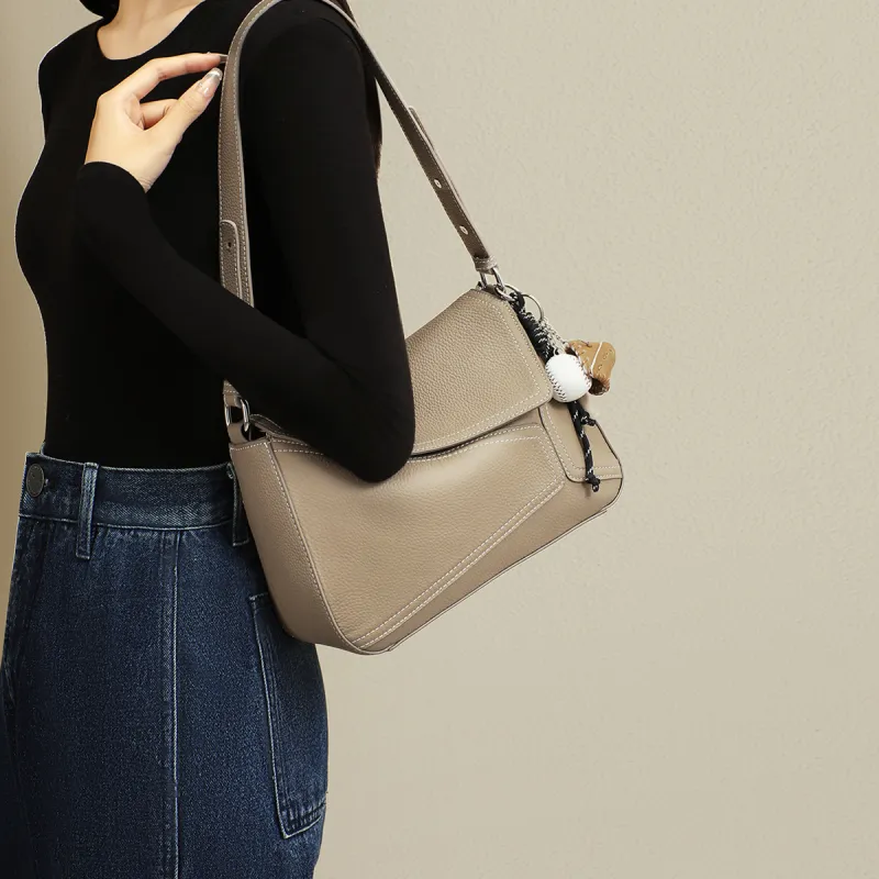 RED DRAGONFLY Cow Leather Crossbody Bag, Shoulder Bag Medium Size Women's Elephant Gray-3