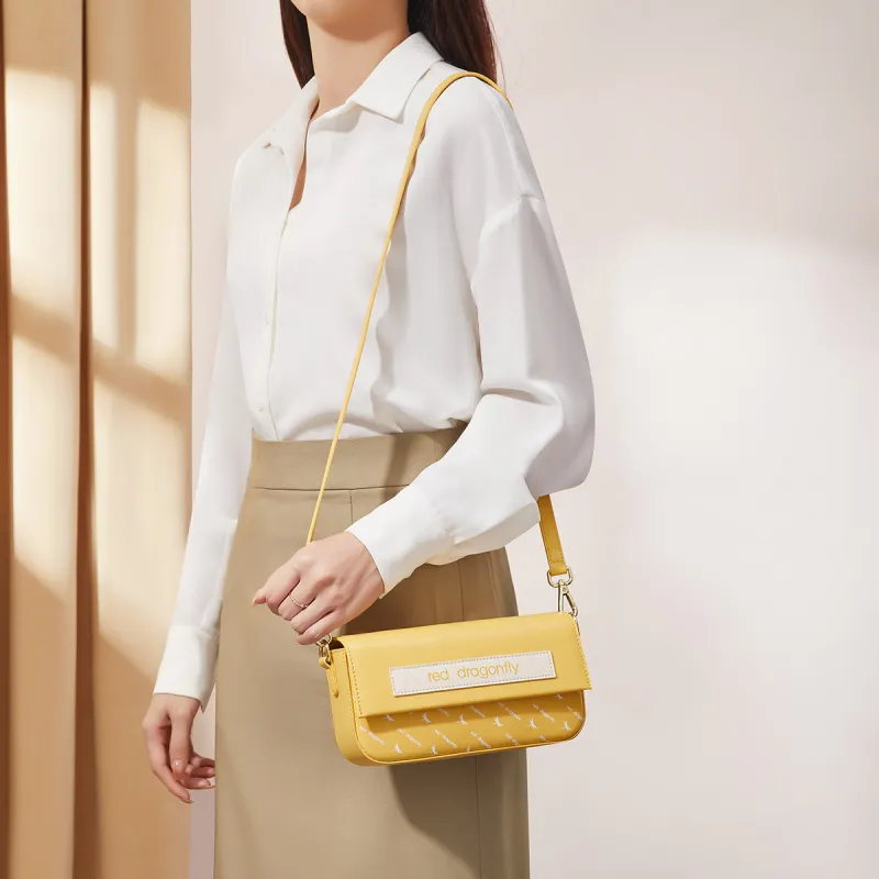 RED DRAGONFLY Split Cow Leather With Microfiber Synthetic Leather Crossbody Bag Shoulder Bag Women's Yellow/Black-5
