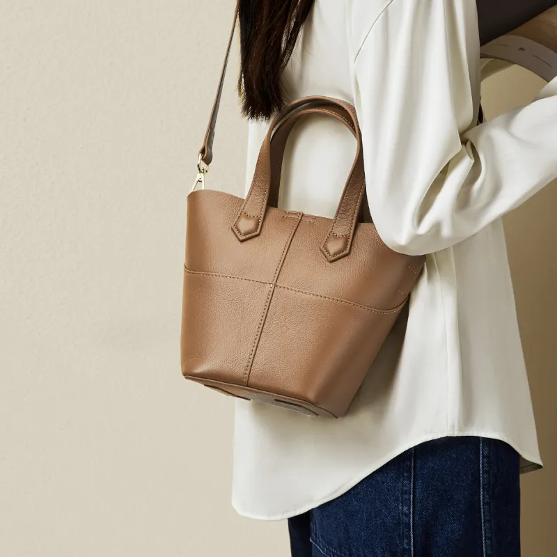 RED DRAGONFLY Cow Leather Bucket Bag, Shoulder Bag, Crossbody Bag, Handbag Regular Women's Khaki, Light Green-3