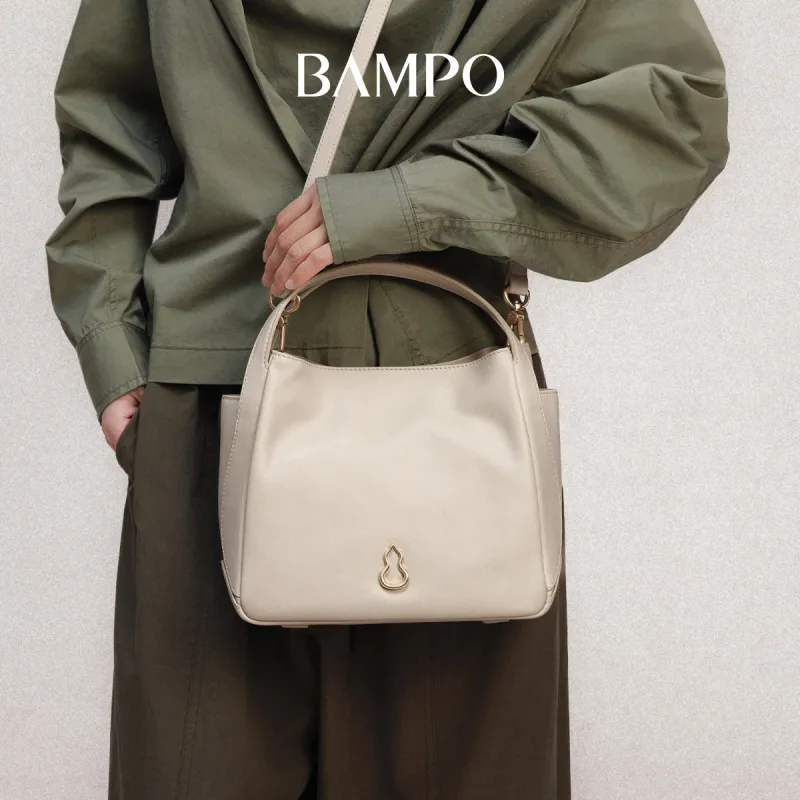 BAMPO Top Grain Cow Leather Shoulder Bag, Crossbody Bag, Handbag Women's Poria White-3
