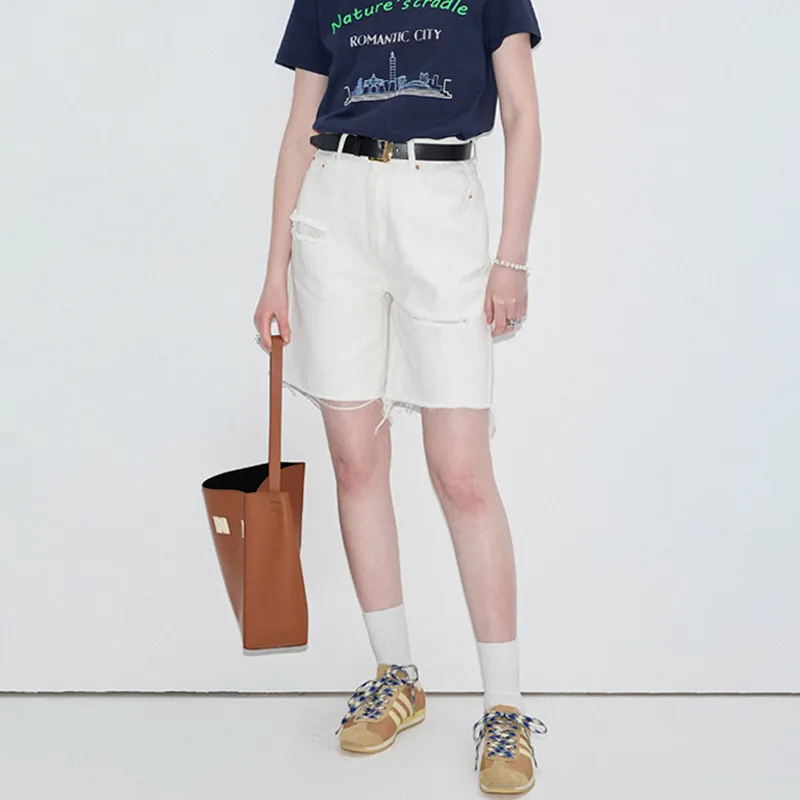 VEGA CHANG Denim Shorts Women's White Mother Of Pearl-2