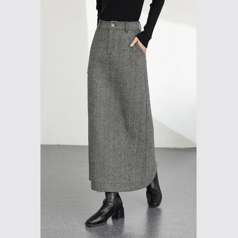 VIMLY Casual Long Skirts Women's Floral Black Herringbone-3