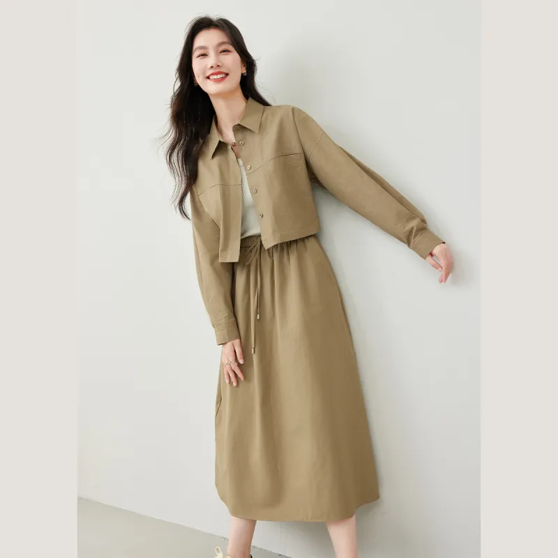 VIMLY Skirt Set Women's Green Khaki-3