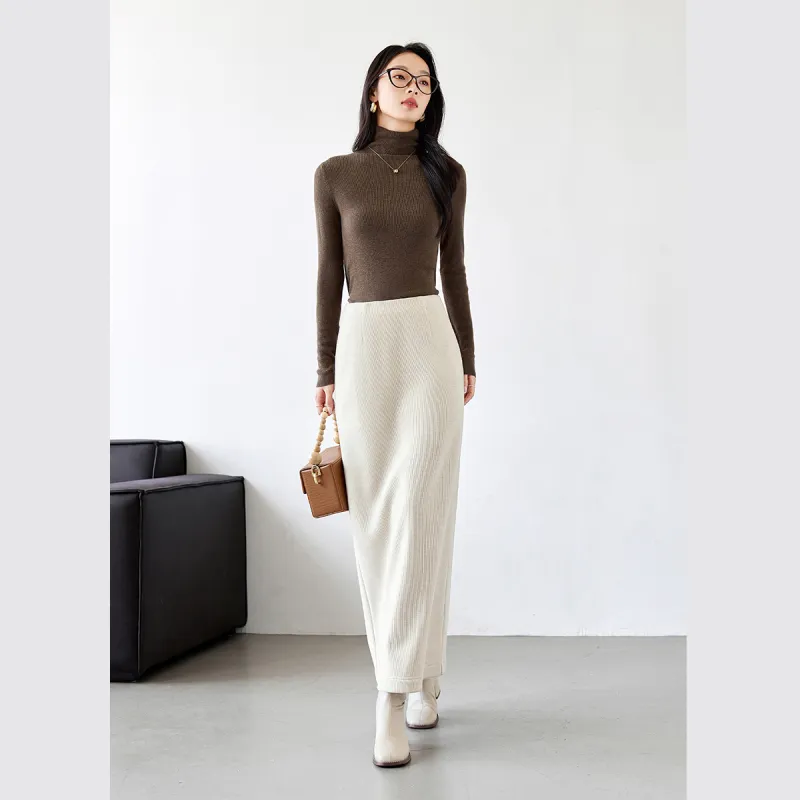 VIMLY Casual Long Skirts Women's Cream Apricot-2