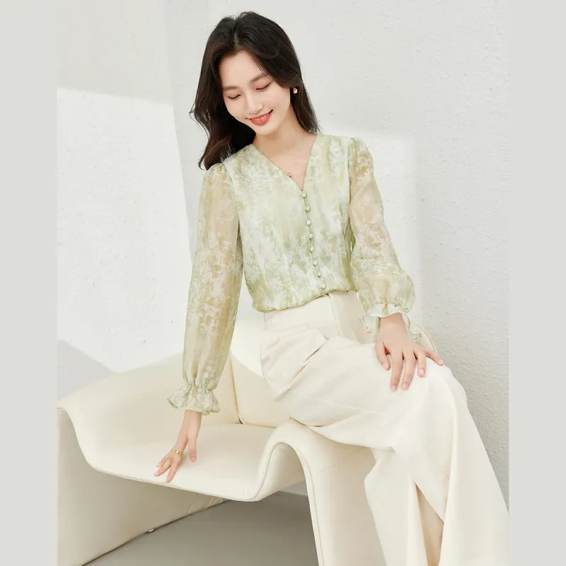 VIMLY Chiffon Shirts Women's Green Multicolor-4