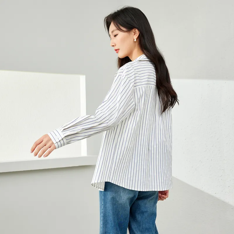 VIMLY Shirt Women's White Base With Blue Stripes-3