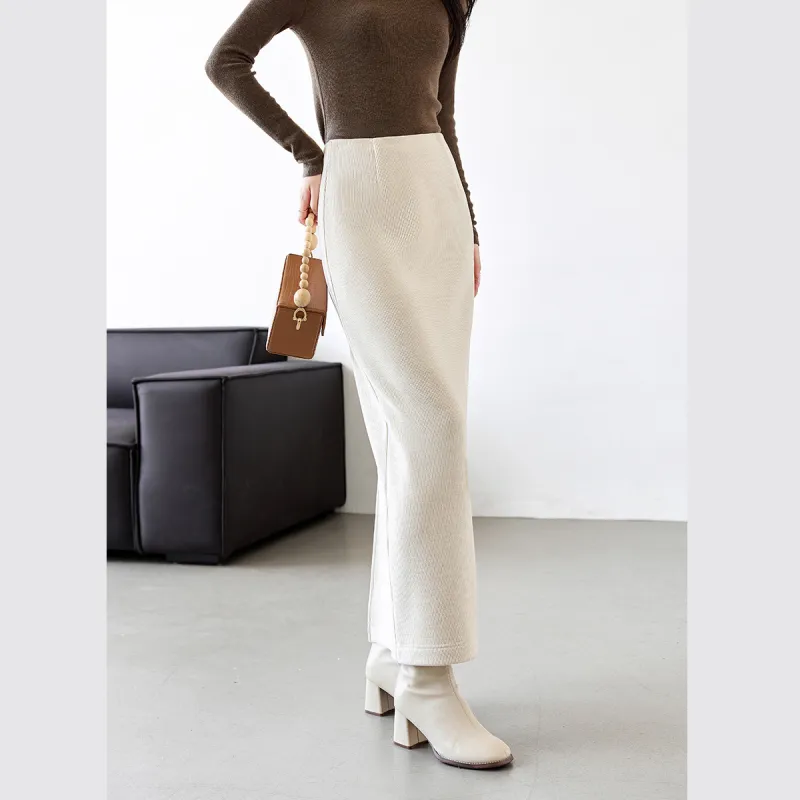 VIMLY Casual Long Skirts Women's Cream Apricot-3
