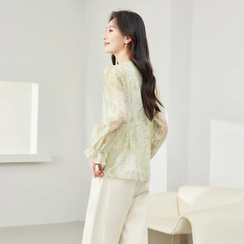 VIMLY Chiffon Shirts Women's Green Multicolor-5