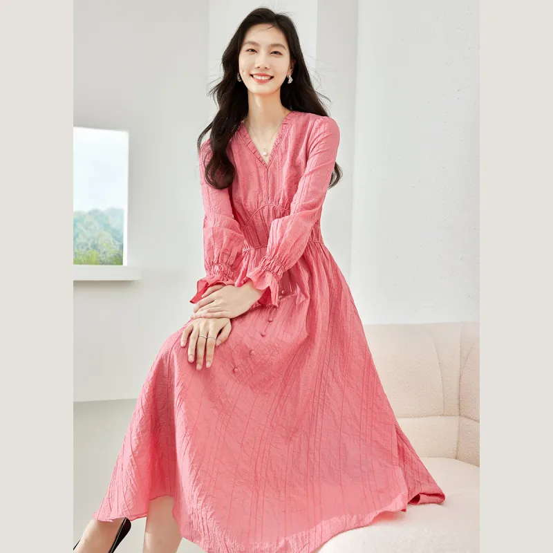 VIMLY Long Sleeved Dress Women's Peach Pink-2