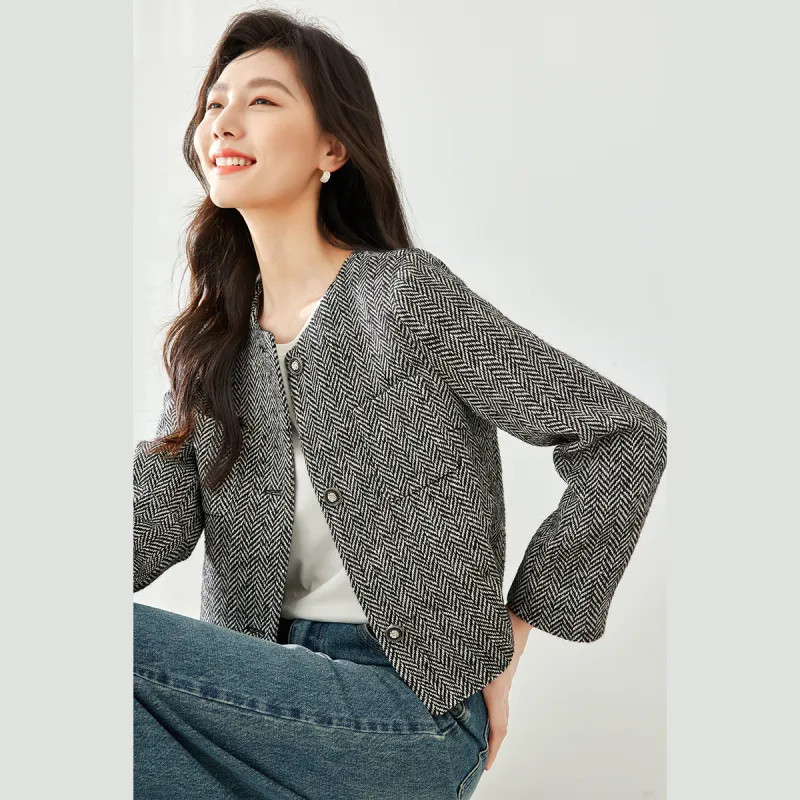 VIMLY Cropped Coats Women's Black White Herringbone-2