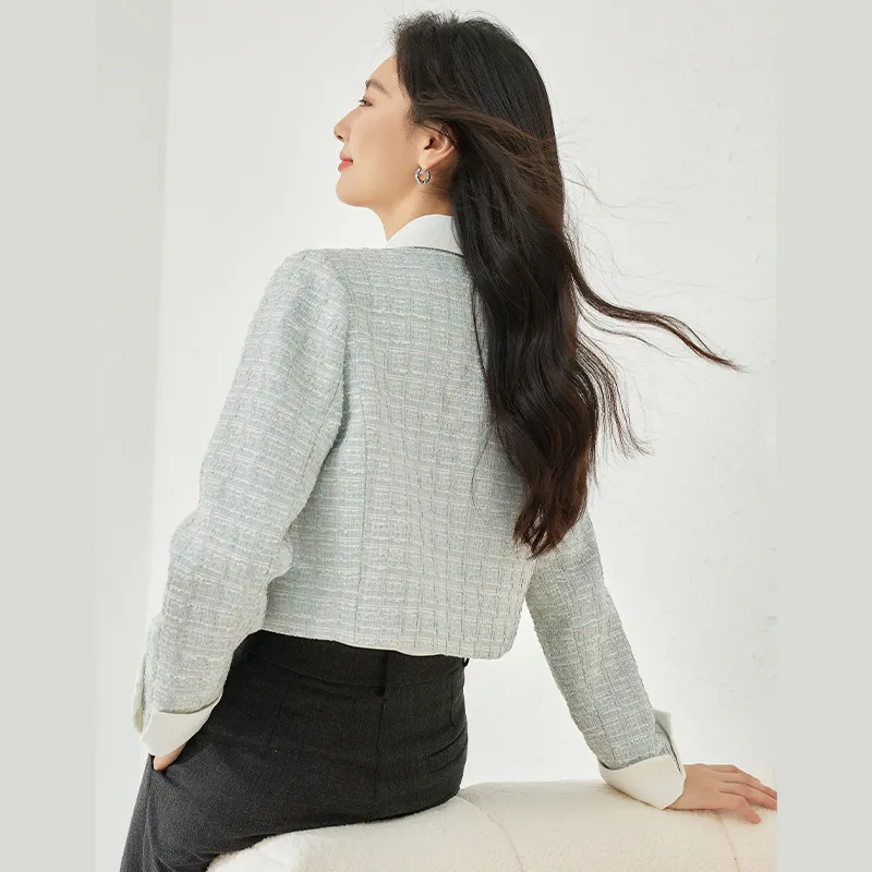 VIMLY Cropped Coats Women's Blue White-5