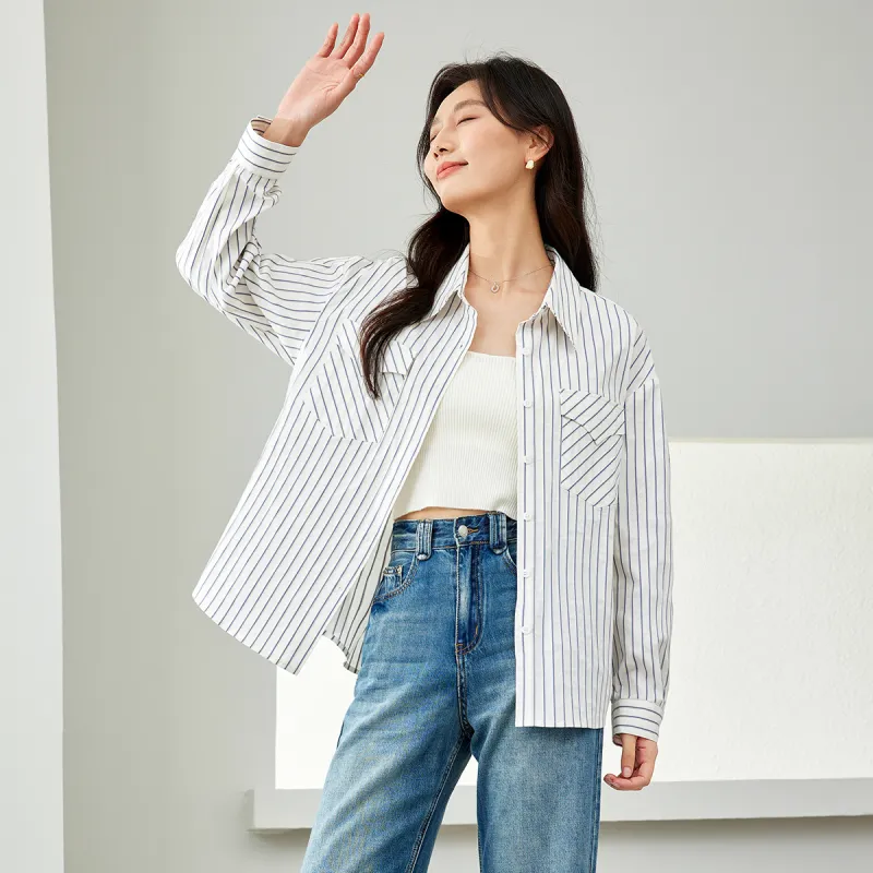 VIMLY Shirt Women's White Base With Blue Stripes-1