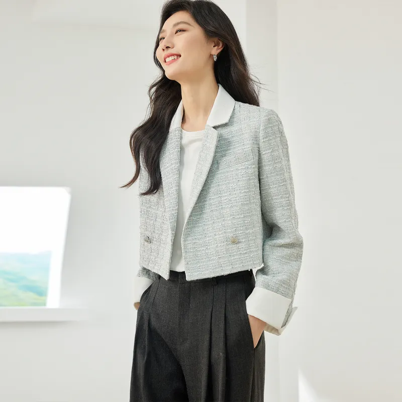 VIMLY Cropped Coats Women's Blue White-2