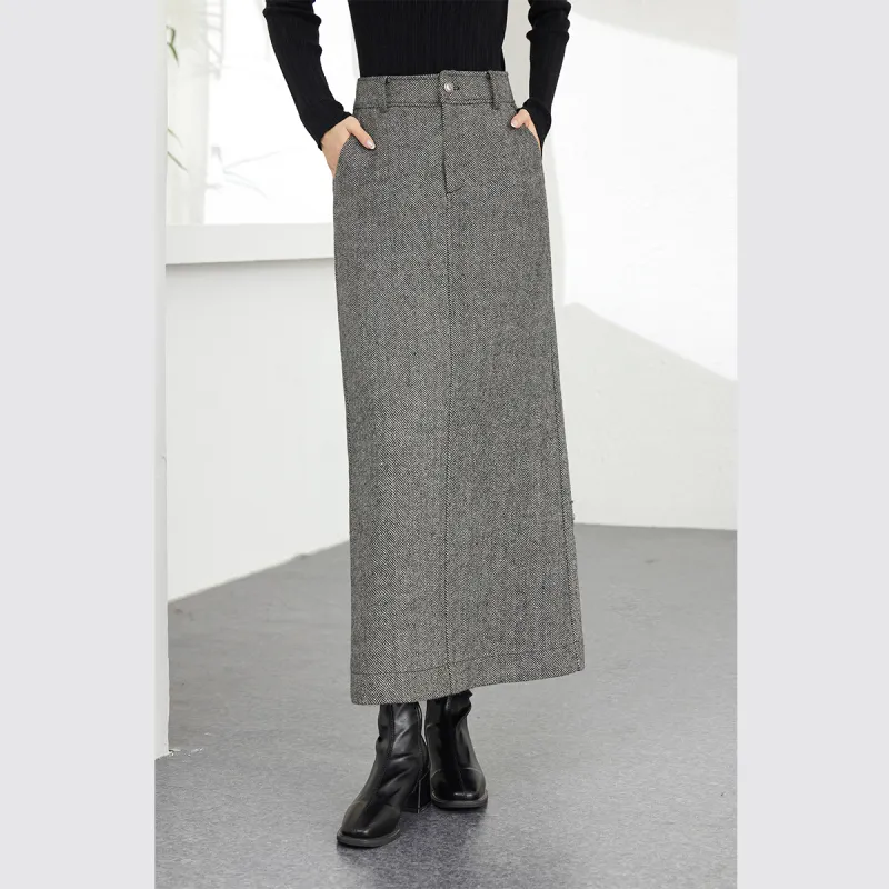 VIMLY Casual Long Skirts Women's Floral Black Herringbone-2