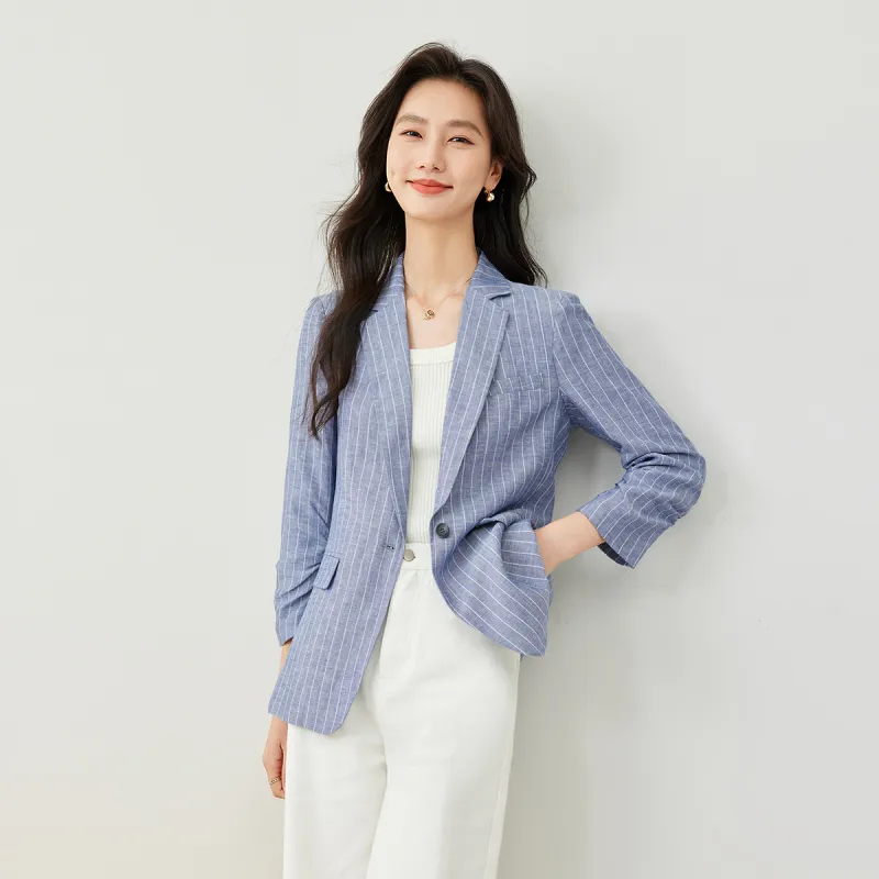 VIMLY Business Suit Women's Blue White Stripes-4