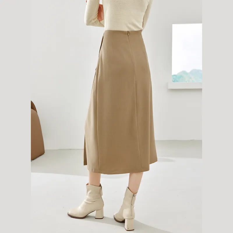 VIMLY Casual Long Skirt Women's Khaki-2