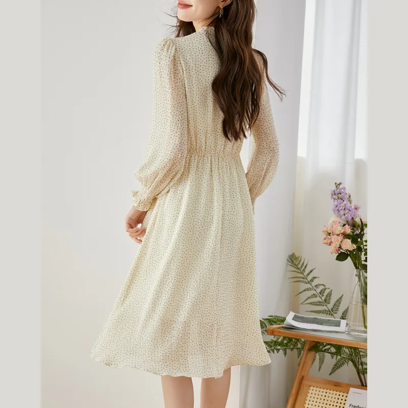 VIMLY Long-Sleeved Dresses Women's Apricot Base With Green Dots-2