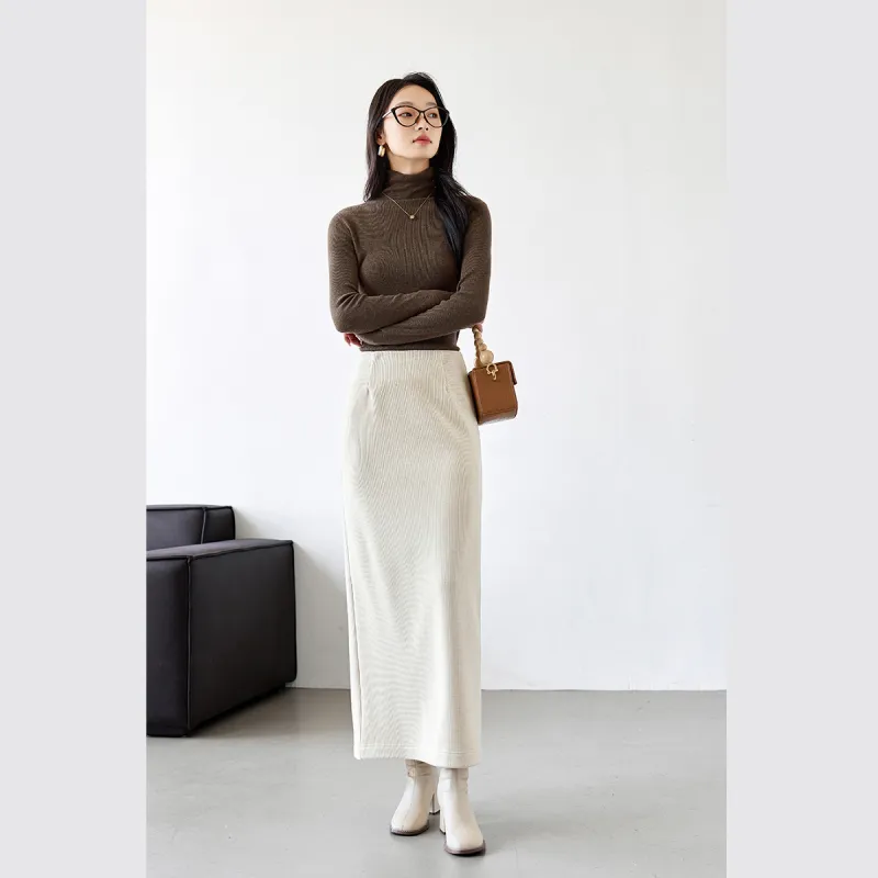 VIMLY Casual Long Skirts Women's Cream Apricot-1