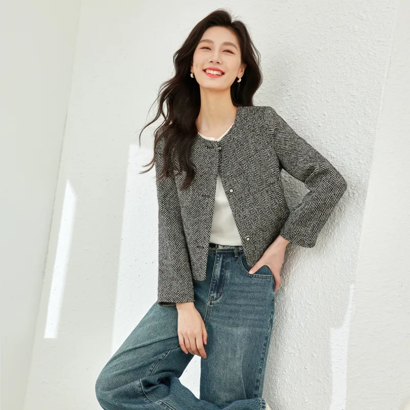 VIMLY Cropped Coats Women's Black White Herringbone-1