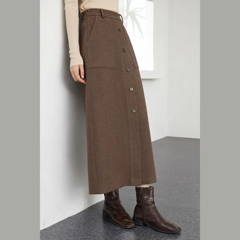 VIMLY Casual Long Skirts Women's Dark Coffee-4