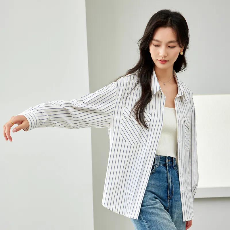 VIMLY Shirt Women's White Base With Blue Stripes-2